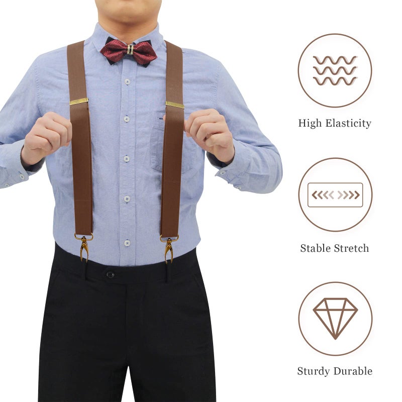 AYOSUSH Vintage Suspenders for Men Heavy Duty 4 Snap Hooks for Belt Loops Adjustable X Back (Coffee 2, One Size) - Image 3